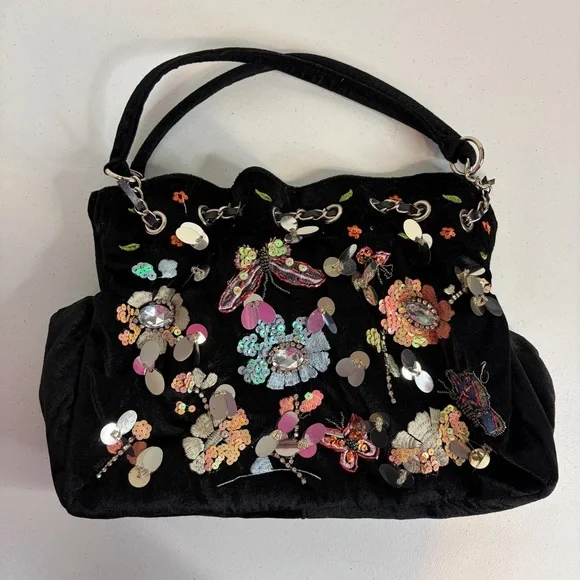 Y2K Black Velvet Sequin Butterfly Shoulder Bag Floral Beaded Boho Purse vintage - Picture 3 of 14